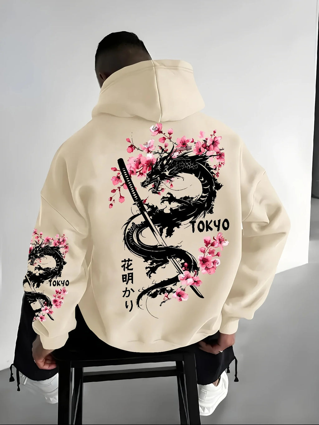 Men's Anime Dragon Cherry Blossom Printed Hooded