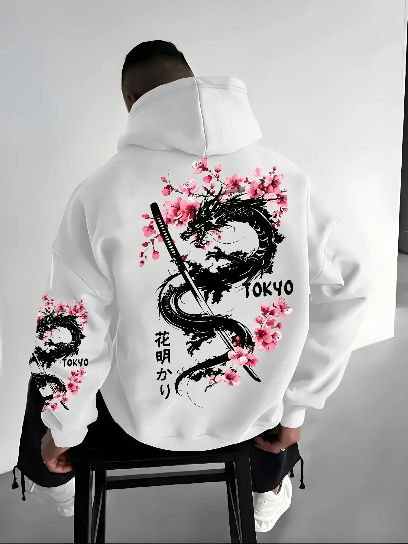 Men's Anime Dragon Cherry Blossom Printed Hooded