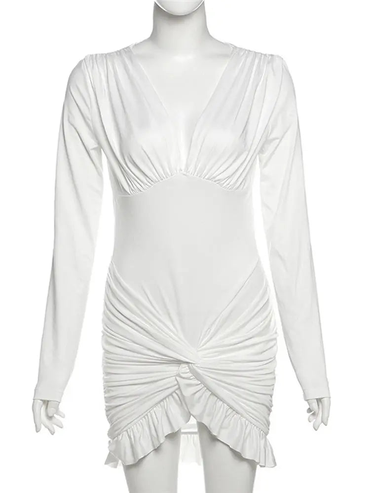 Pleated Solid  Ruffle Evening Dress