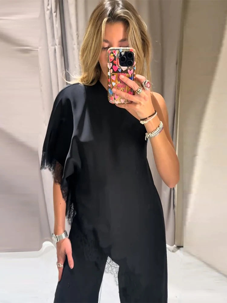 Solid Chic Loose Lace One Shoulder Top