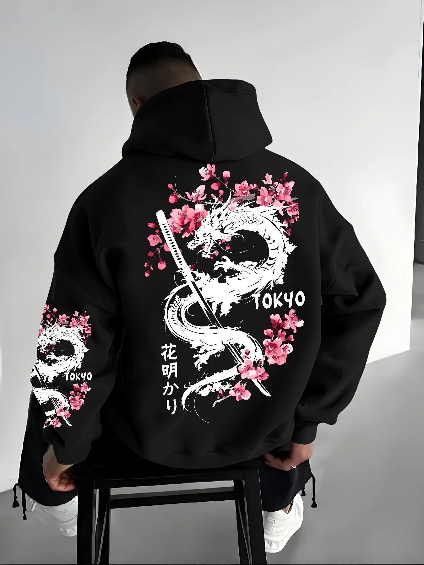 Men's Anime Dragon Cherry Blossom Printed Hooded