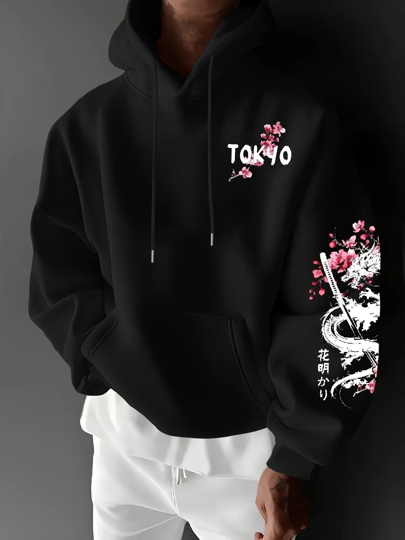 Men's Anime Dragon Cherry Blossom Printed Hooded