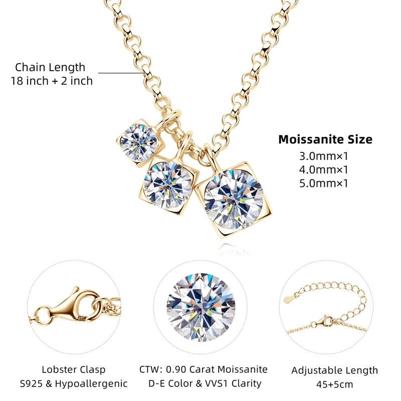 925 Silver Three-Stone Moissanite Pendant Necklace