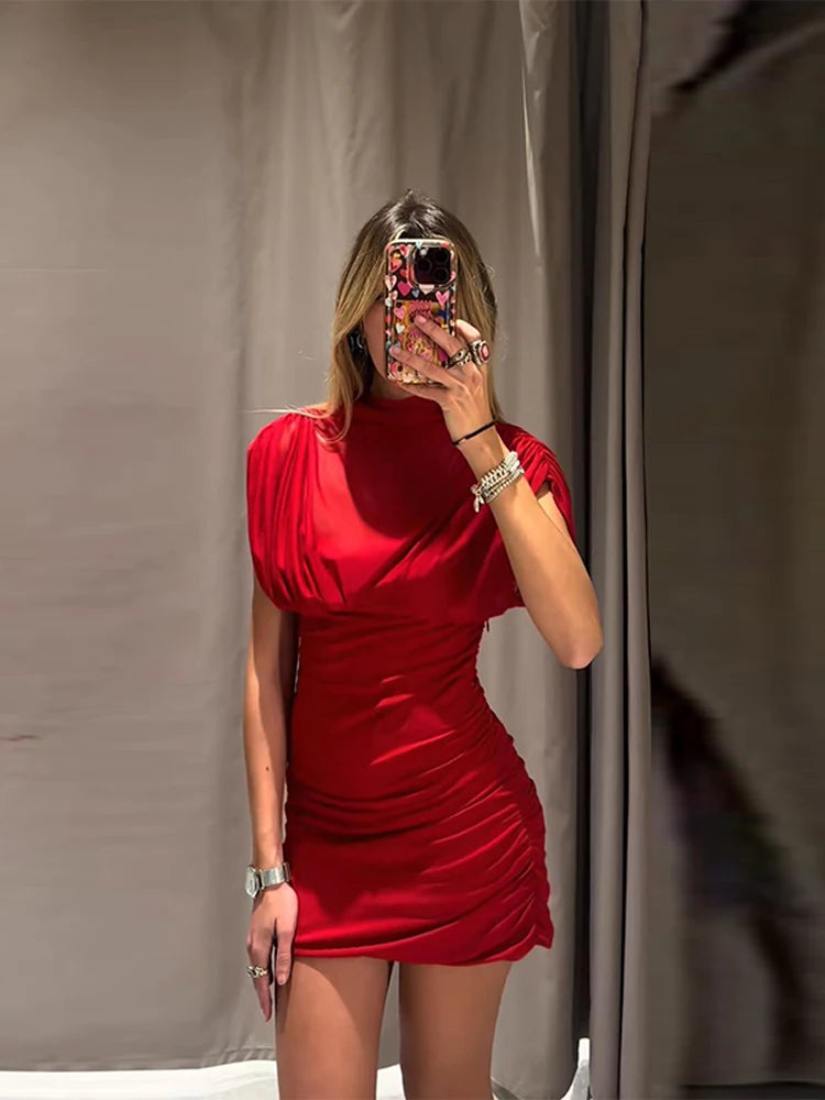 Short Sleeve O-neck Pleated Mini Dress