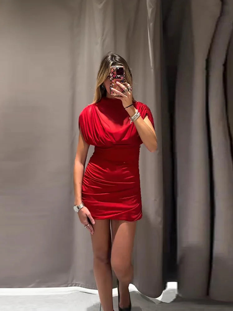 Short Sleeve O-neck Pleated Mini Dress