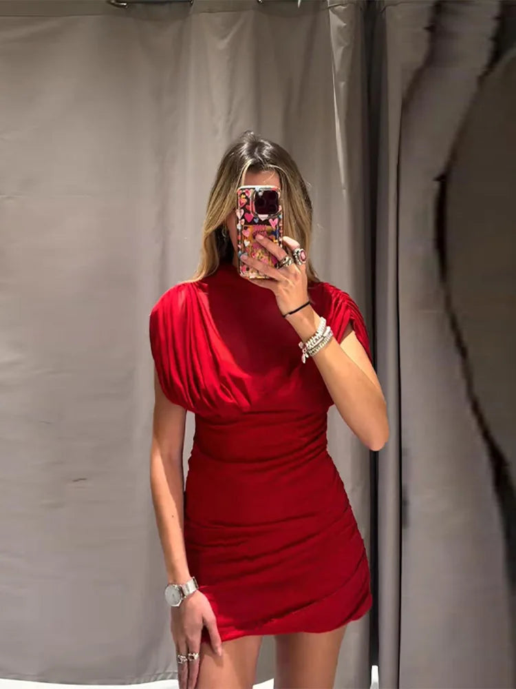 Short Sleeve O-neck Pleated Mini Dress