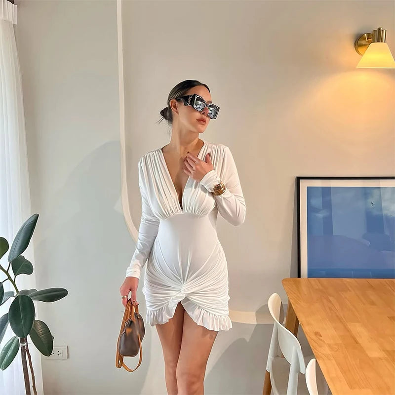 Pleated Solid  Ruffle Evening Dress