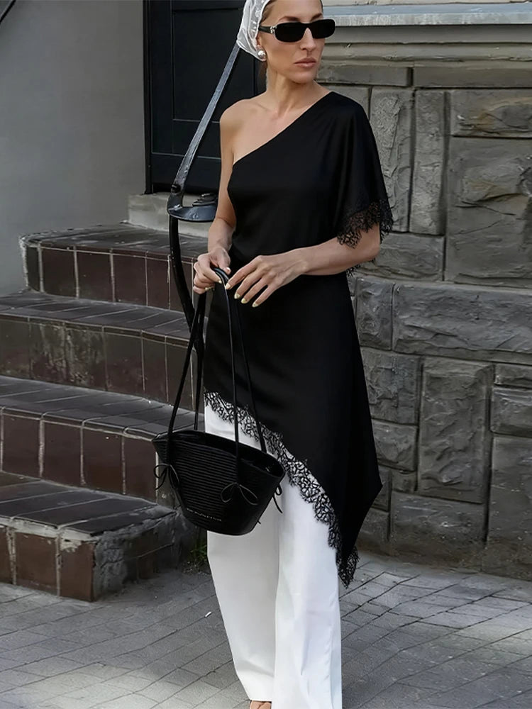 Solid Chic Loose Lace One Shoulder Top