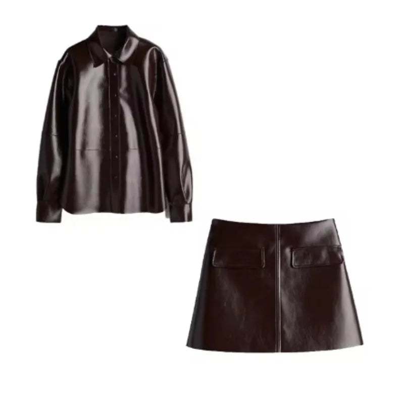 Sexy PU Leather Jacket Mini Skirts Set