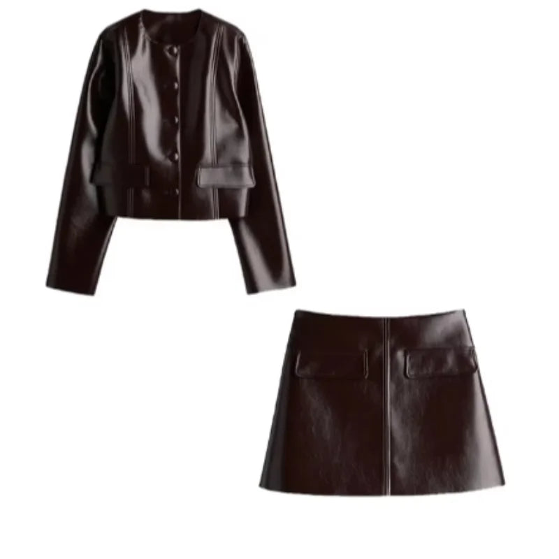 Sexy PU Leather Jacket Mini Skirts Set