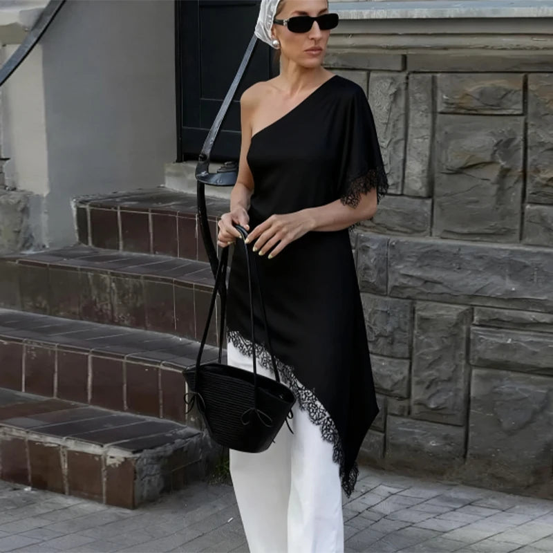 Solid Chic Loose Lace One Shoulder Top